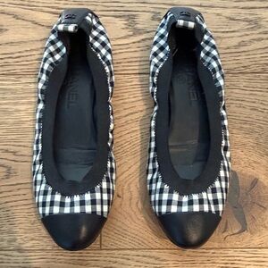 CHANEL Elastic Ballerina Flats Gingham Black and White